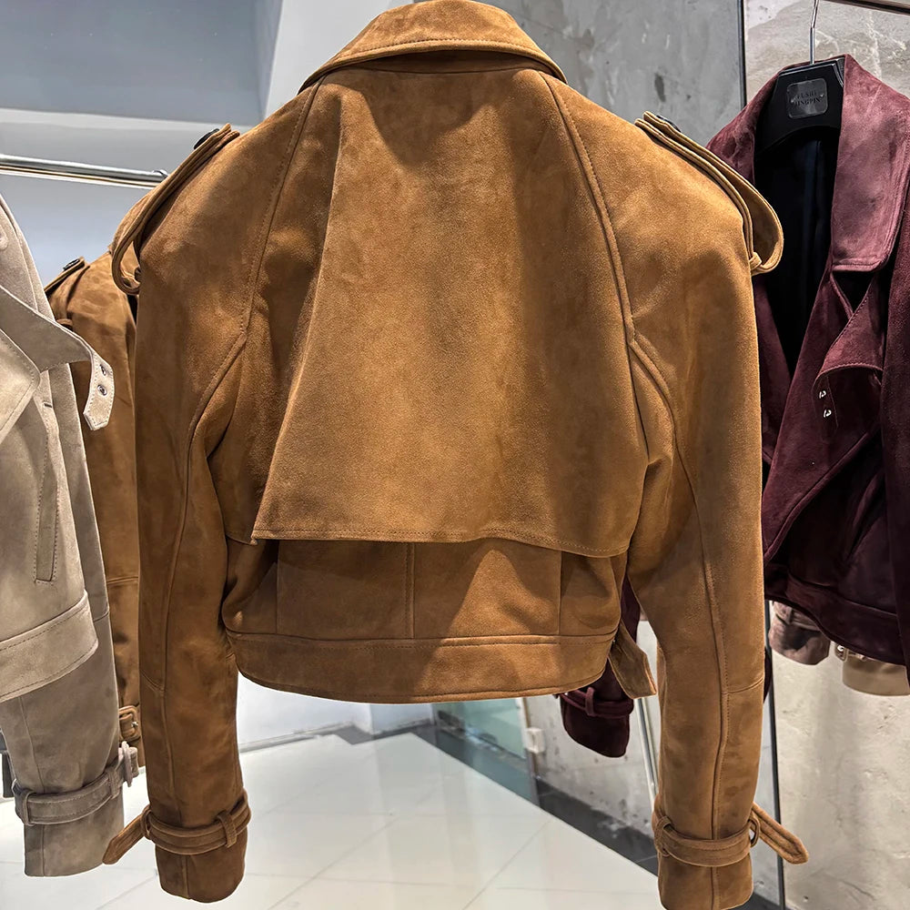 YOLOAgain Wide Shoulder Real Leather Jacket Women Oversized Genuine Leather Cropped Jacket