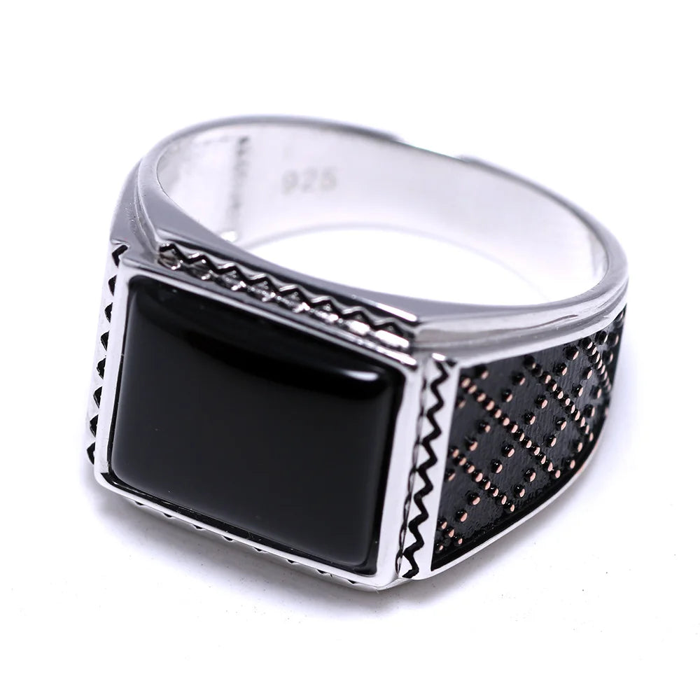 Genuine Solid Silver 925 Rings Man With Black Onyx Natural Stone Vintage Turkish Men's Rings Turkey Jewellery Anillos Hombre