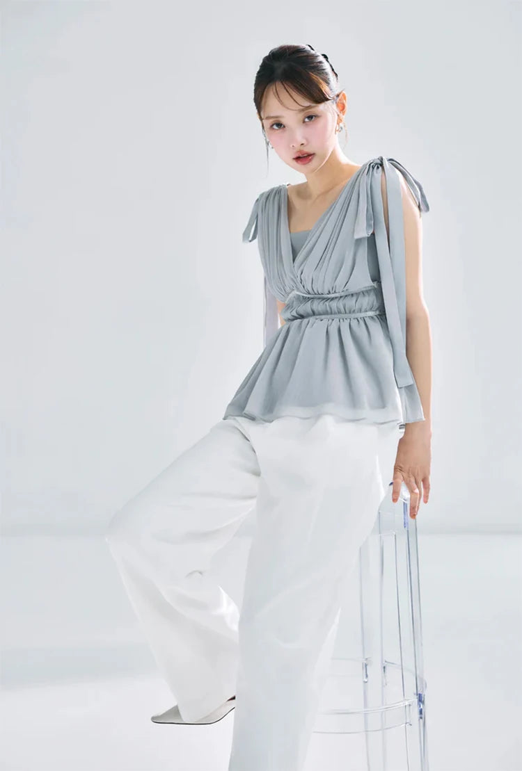 Women's Tops Summer Bow Tie Sweet Elegant Blouse Femme V Neck Shirt Waist-Cinching Japanese Style Sleeveless Chiffon Blouse