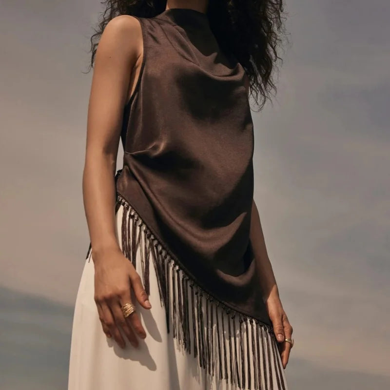 Women's Summer Tassel Hem Vest Brown Sleeveless Solid Color High Neck Long Tank Tops
