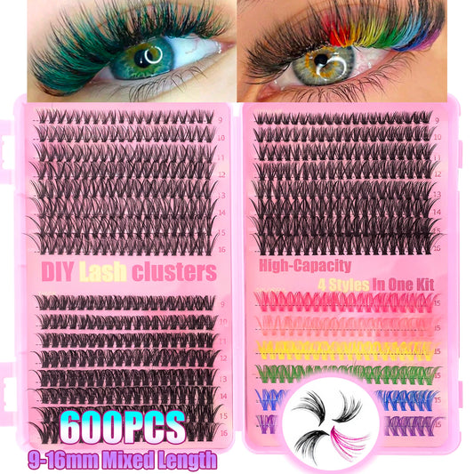 600pcs Colorful Lashes Cluster Eyelash Book Clusters Extensions, 9-16mm mix Individual Lash DIY at Home Makeup Tool
