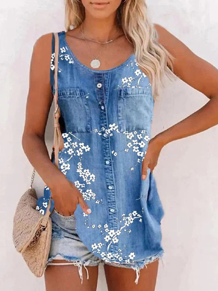 Summer New Tank Tops Fashion Loose O Neck T-shirts Imitation Cowboy Vest Women Casual Sleeveless Tops Blouse Street Wear