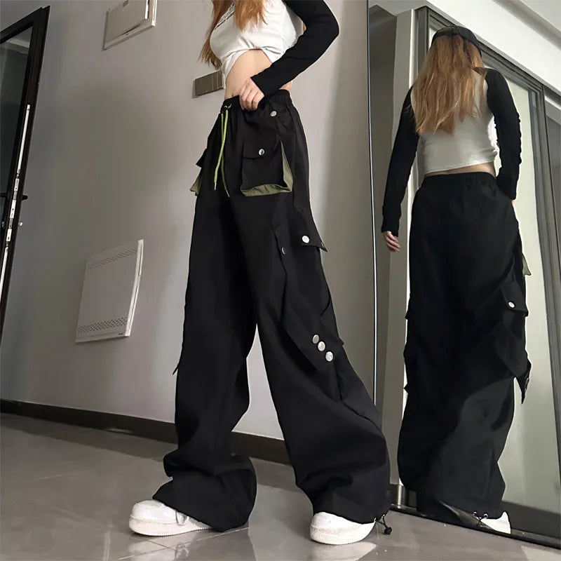 American High Street Workwear Casual Pants Women Loose Color Block Straight Leg Long Pants Pocket High Waist Wide Leg Trousers