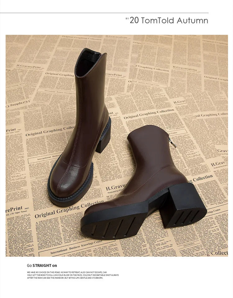 High Heel Women Ankle Boots Fashion High Quality Platform Shoes for Women British Style Brown Boot Comfor Women Waterproof Boots