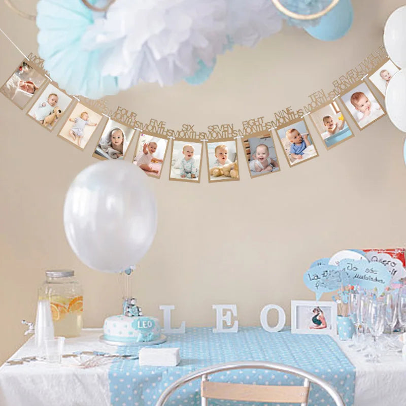 Birthday Baby One Year 12 Months Photo Banner Boy Girl 1 Year First Birthday Party Picture Photo Frame Garland Anniversary Decor