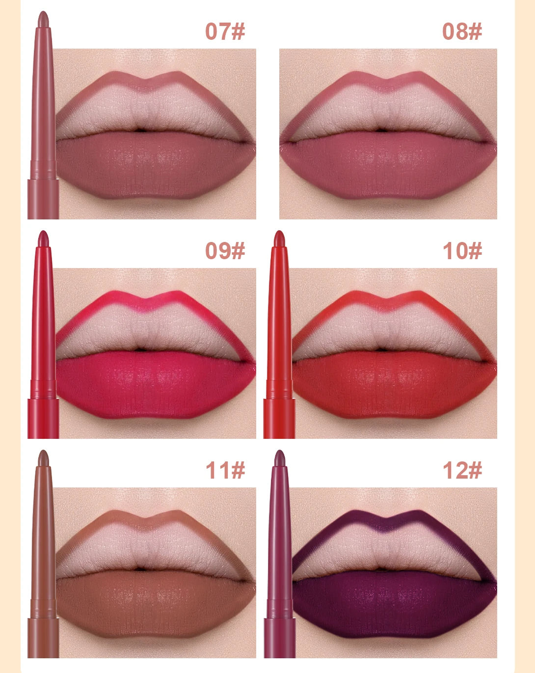 12-Piece Lip Liner Set, Matte, Easy to Outline, Waterproof and Sweat-Proof, Versatile for Daily Use, Long-Lasting, Delicate, Non-Smudging, a Must-Have for Beginners