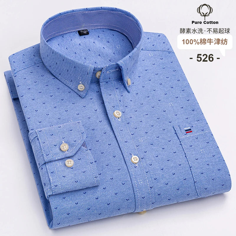 S-6XL Casual Pure Cotton Oxford Mens Shirts Long Sleeve Embroidery Horse Design Regular Fit Fashion Button Man White Dress Shirt