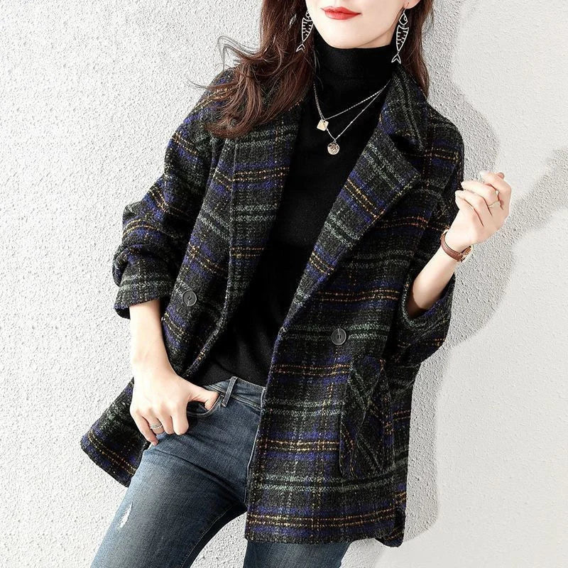 Plaid Suit Woolen Coat Women Autumn Winter New Korean Fashion Loose Woolen Coat Mid-Length Wool Blazer Overcoat Woman Jacket