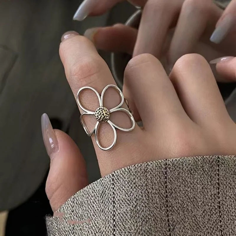 Sterling Silve Flower Ring for Women Gift Hollow Out Design Retro Hip Hop Versatile Jewelry Party Gift Dropship