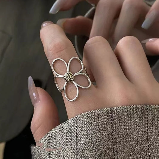 Sterling Silve Flower Ring for Women Gift Hollow Out Design Retro Hip Hop Versatile Jewelry Party Gift Dropship
