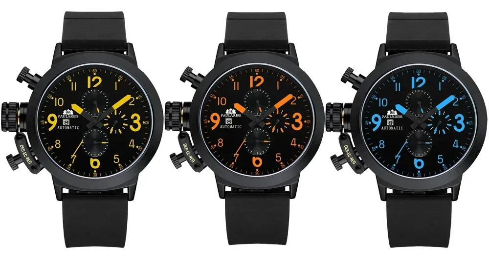 Automatic Watches for Men Mechanical Self Wind Rubber Boat Case Orange Blue Yellow Grey Fashion U Left Hand Reloj Hombre Baratos