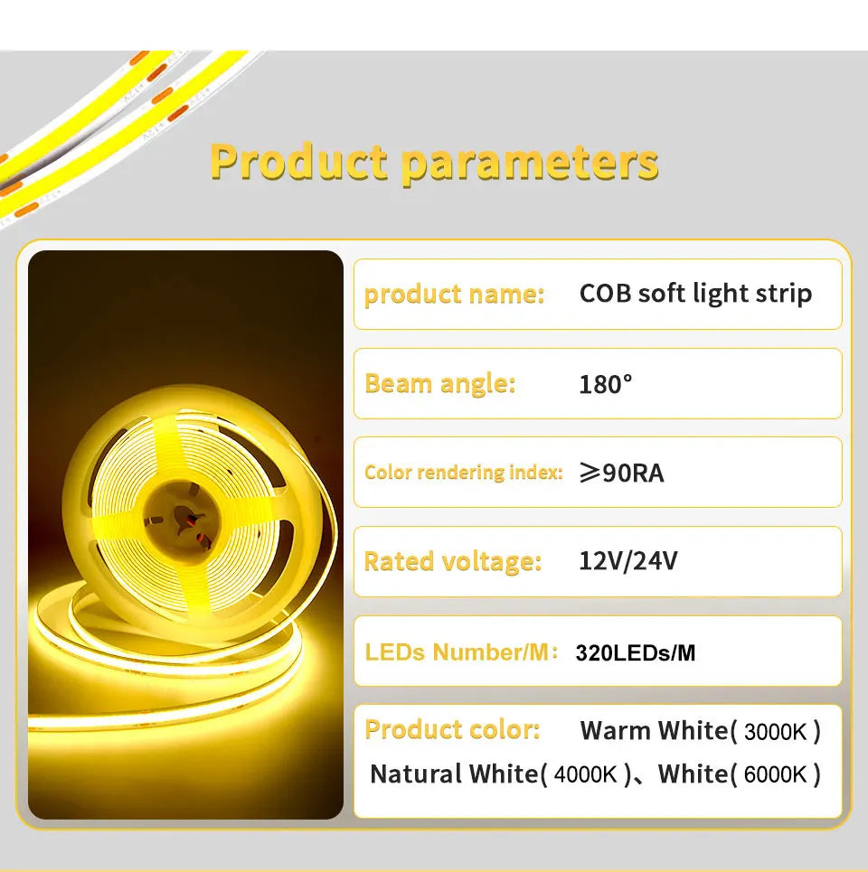 COB LED Strip Lights 12V 24V 10M 5M 3M 2M 1M 320LEDs/M High Density Flexible LED Tape 2700K 4500K 6000K Kitchen Room Decor 8mm