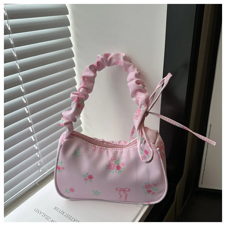 Women's Bags 2025 Summer Nylon Pleated Handbags Armpit Bag Korean Floral Bow Printed Zipper Tote Bag Female Small Shoulder Bags