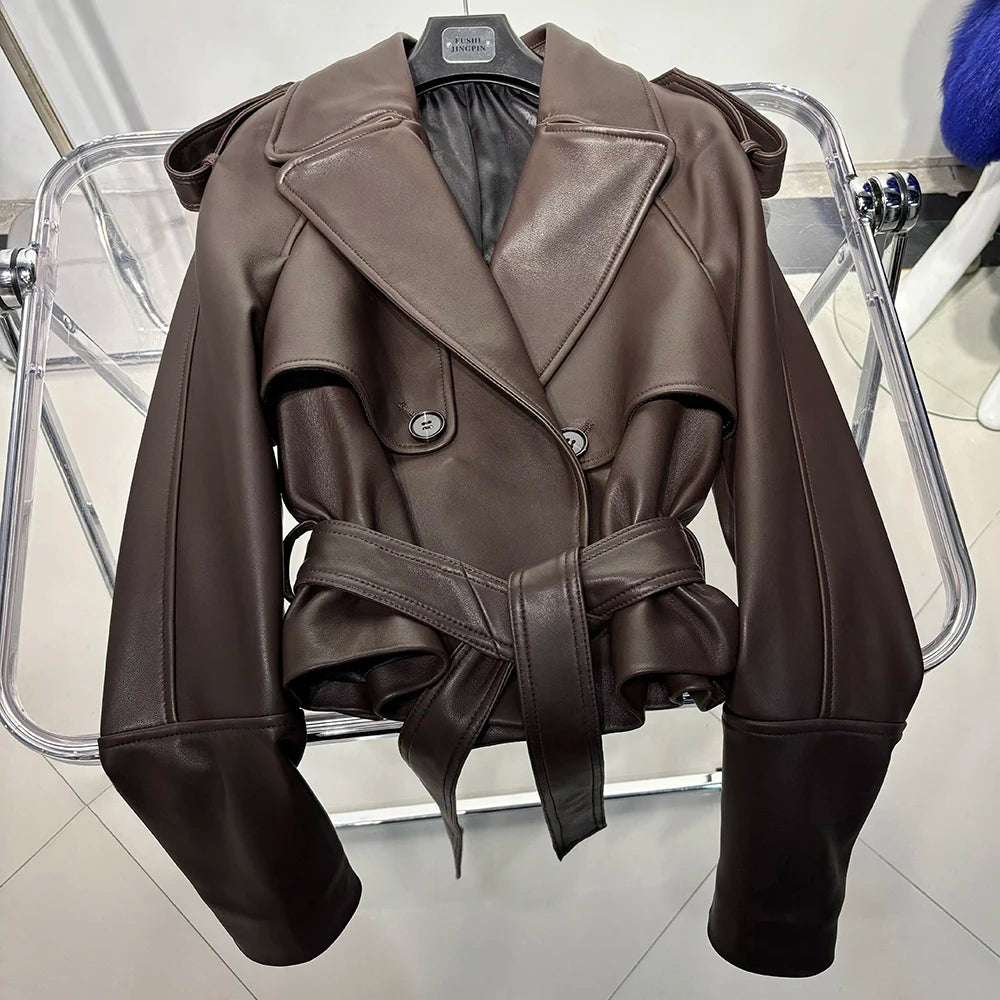 YOLOAgain Vintage Grain Leather Jacket Women Real Leather Sheepskin Jacket With Belt