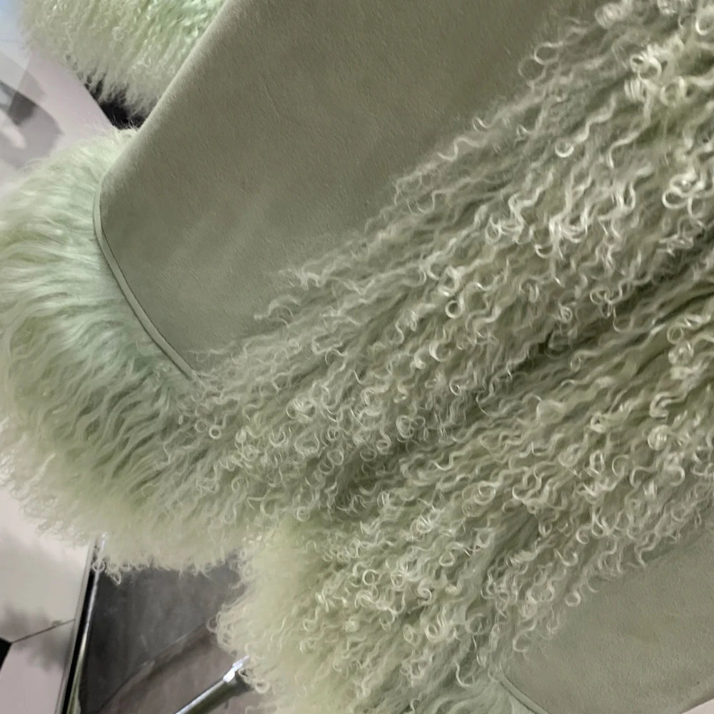 Suede Coat Fur Collar Women Autumn Genuine Sheepskin Coat Long with Mongfolian Fur Trim