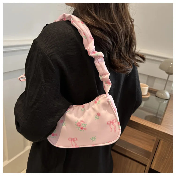 Women's Bags 2025 Summer Nylon Pleated Handbags Armpit Bag Korean Floral Bow Printed Zipper Tote Bag Female Small Shoulder Bags