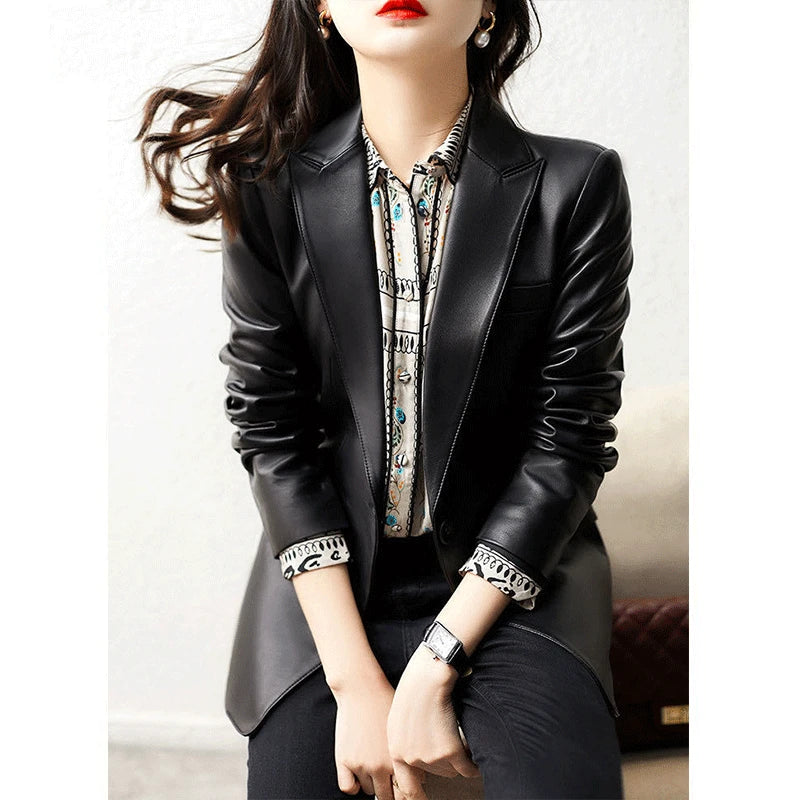 Natural Sheepskin Coat Blazer Mujer Single Button Suit Collar Chic and Elegant Woman Jacket Slim Camel Real Leather Topscoat