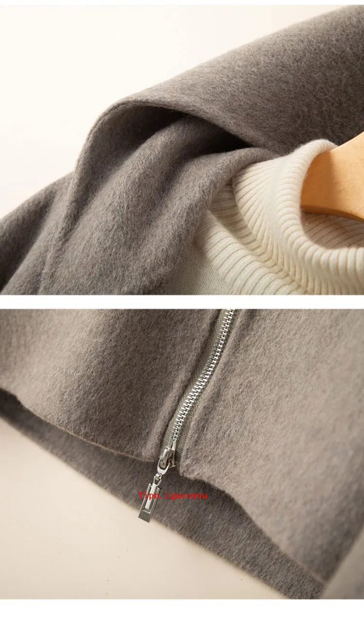 Elegant Woolen Coat Woman 2025 Winter New Fashion Pink Hooded Short Zipper Double-Sided Wool Jacket Ladies Slim Outerwear B810