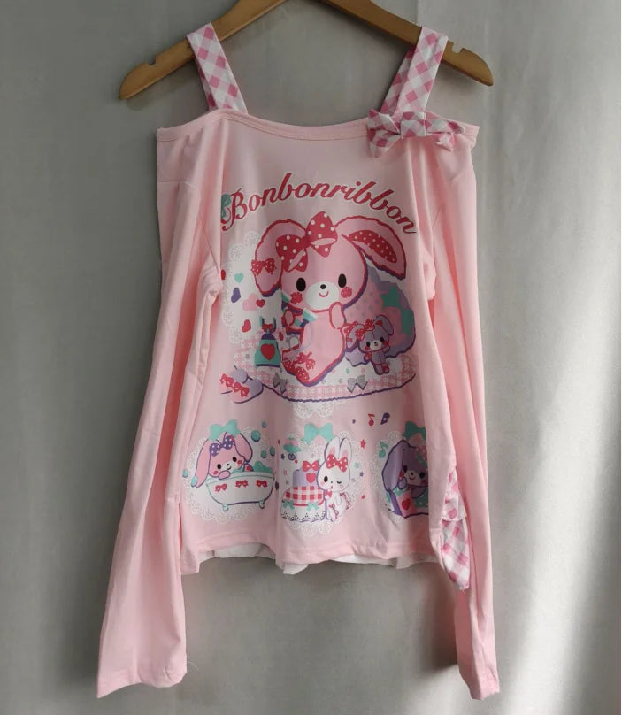 Japanese Anime Print T Shirts Women Y2K Patchwork Long Sleeve Tees Fashion Camis Crop Tops Tunic Casual Kawaii T Shirt Top New