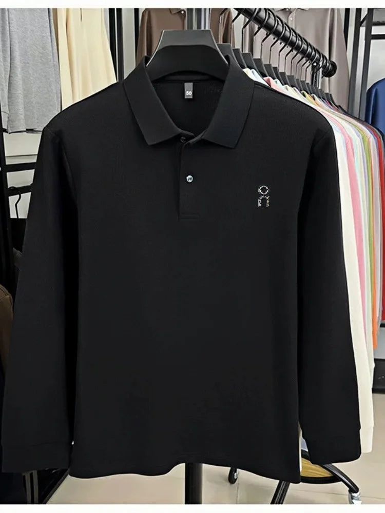 100% pure cotton polo shirt long sleeved men's brand fashionable embossed T-shirt sports breathable spring autumn casual new top