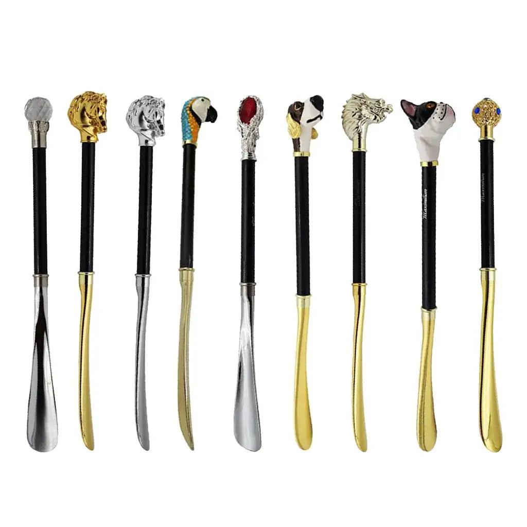 Long Metal Shoe Horn with Schima Wood Handle Solid Brass Animal Horse Head Long handle luxurious metal shoe horn Accessory