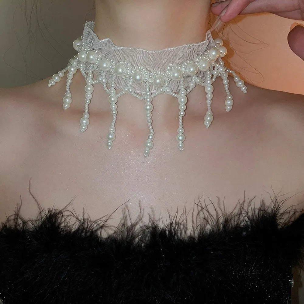 Neck Pendant White Pearl Lace Choker Creative Alloy Tassel Beads Necklace French Style Collarbone Chain Mesh Neck Jewelry Gift