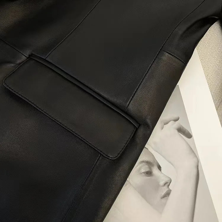 European American Streetwear Leather Jacket For Women Chic Loose Fit Suit Coat Female Flip Pocket Two Bottons White Blazer Mujer