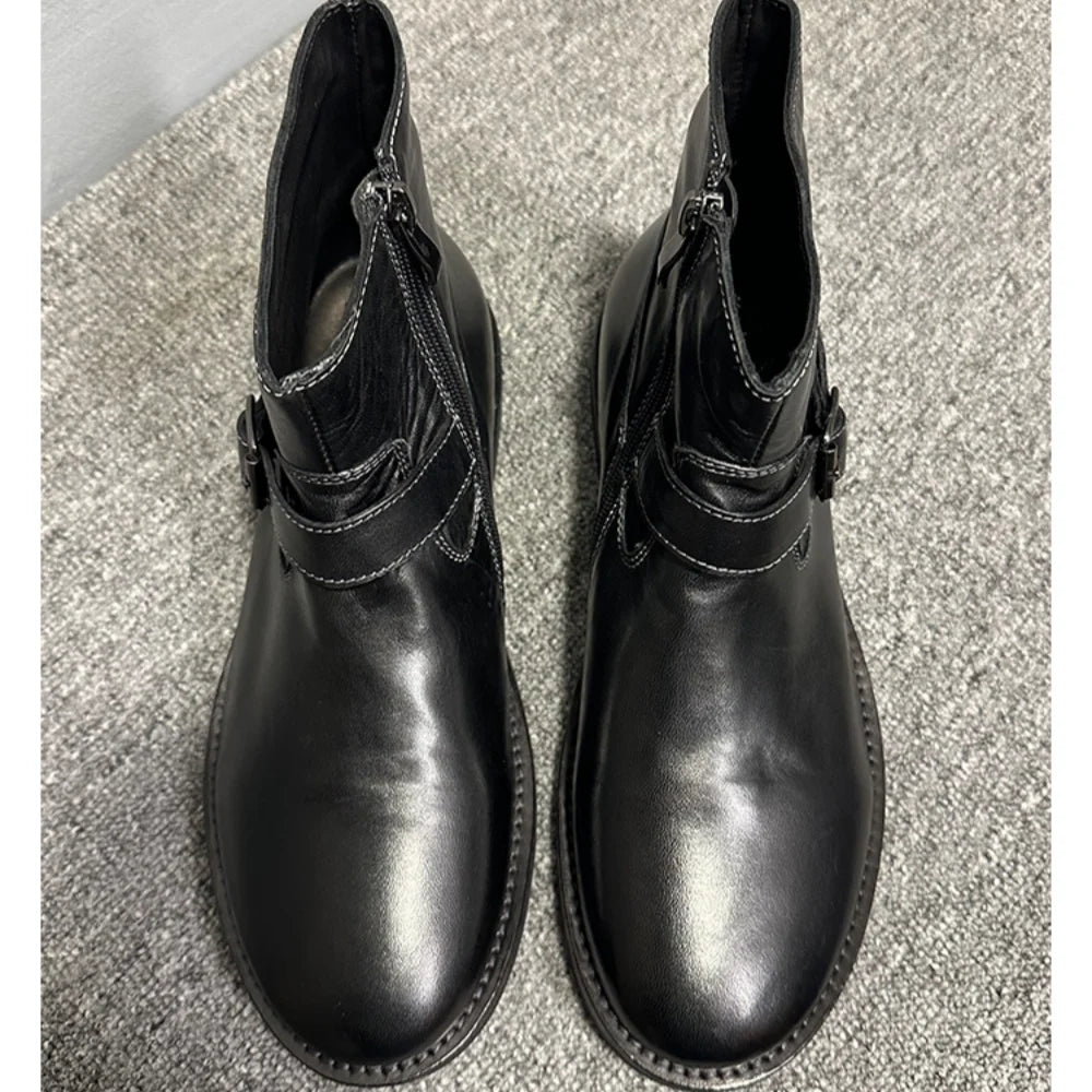 Handmade horsehide casual ankle boots Chelsea boots for men genuine leather sole adjustable strap decoration zip business style
