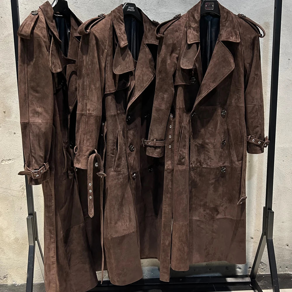 Suede Burgundy Long Coat Double Breasted Windbreak Length 150cm Women's Real Suede Coat