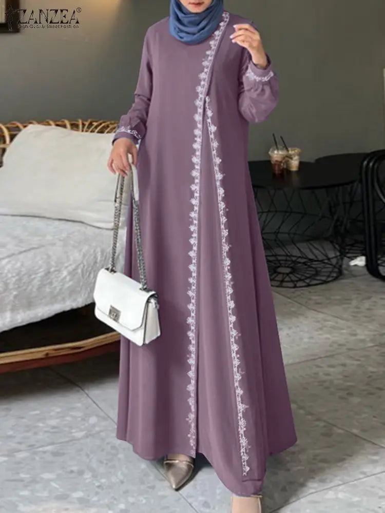 Autumn Lace Crochet Maxi Dress ZANZEA Muslim Turkey Abaya Elegant Loose Vestidos Women Long Sleeve O Neck IsIamic Robe Kaftan