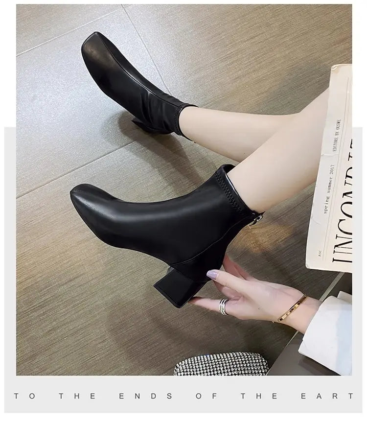 Ladies Bla High Heel ort Boots Spring Autumn Briti Sle Square Head  Boots Faionable Waterproof PU Leather