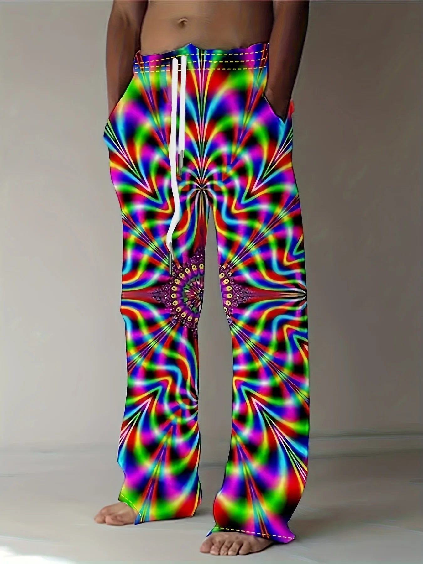 2025 New Men's Pants, Summer Beach Pants, Drawn-out Pocket Casual Pants, Abstract Texture Printed Men's Pants, Cheap Roupa
