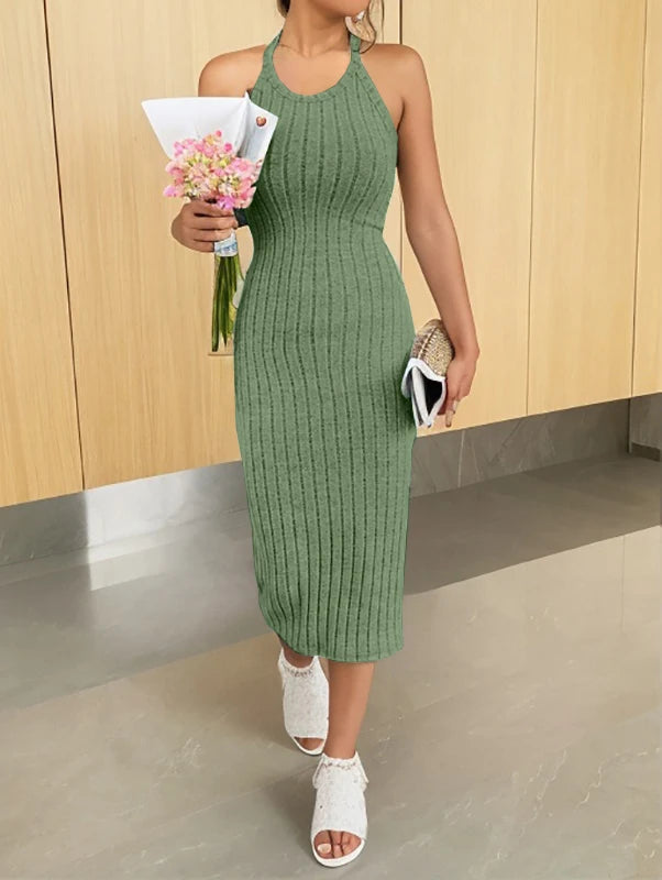 Dresses for Women  Solid Halter Neck Bodycon Ribbed Knit Tank Dress