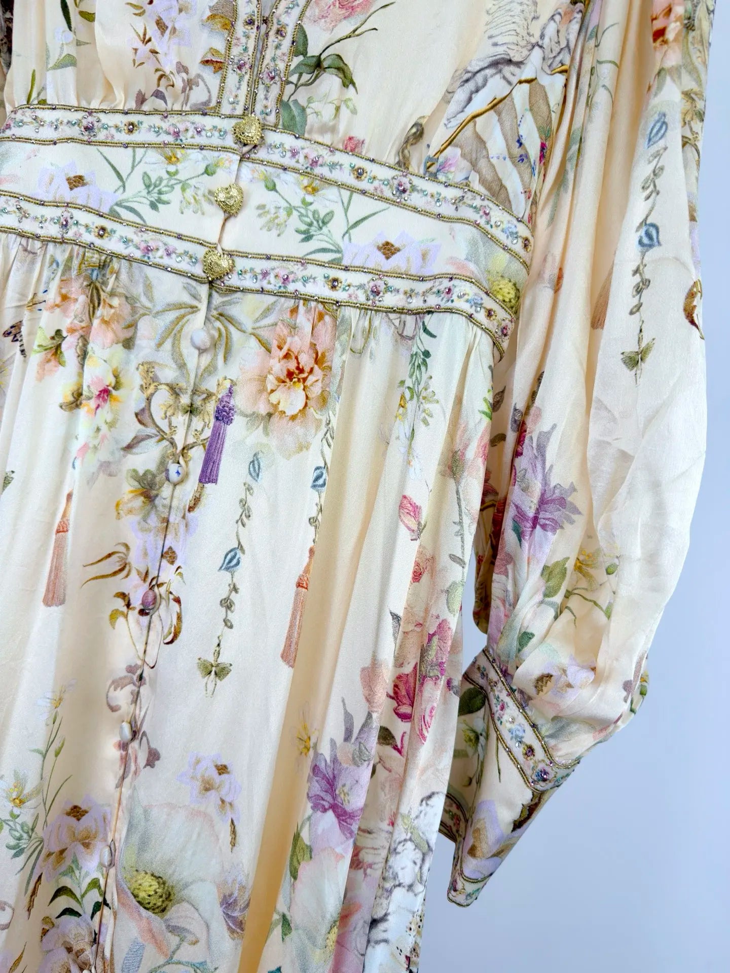 Women Silk Flower Printed Long Dress Heavy Beaded V-Neck Lantern Sleeve Loose Female dress
