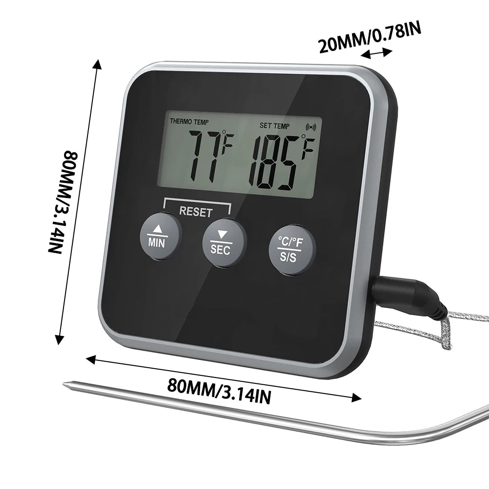 LED Digital Thermometer with Waterproof Probe BBQ Oven Temperature Inspection Instrument Timer High Temperature Alarm