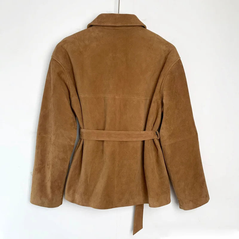 French High-end Kid Suede Leather Jacket for Woman Auburn Square Neck Single Breasted Long Coat with Waistband Female Outwears
