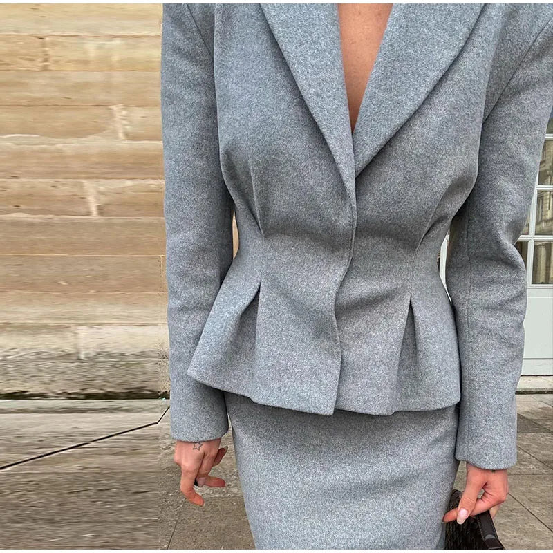 Elegant Women Solid Woolen Blazer Coat Skirt Suits Fashion Lapel Long Sleeves Overcoat Slim Hip Package Long Skirts Lady Outfits