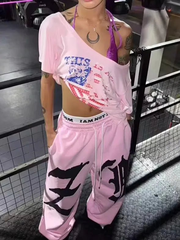 American Hiphop Street Dance Letter Print Loose Sports Pants Double Waist for Women Casual Wide Leg Pants Comfortable Fit
