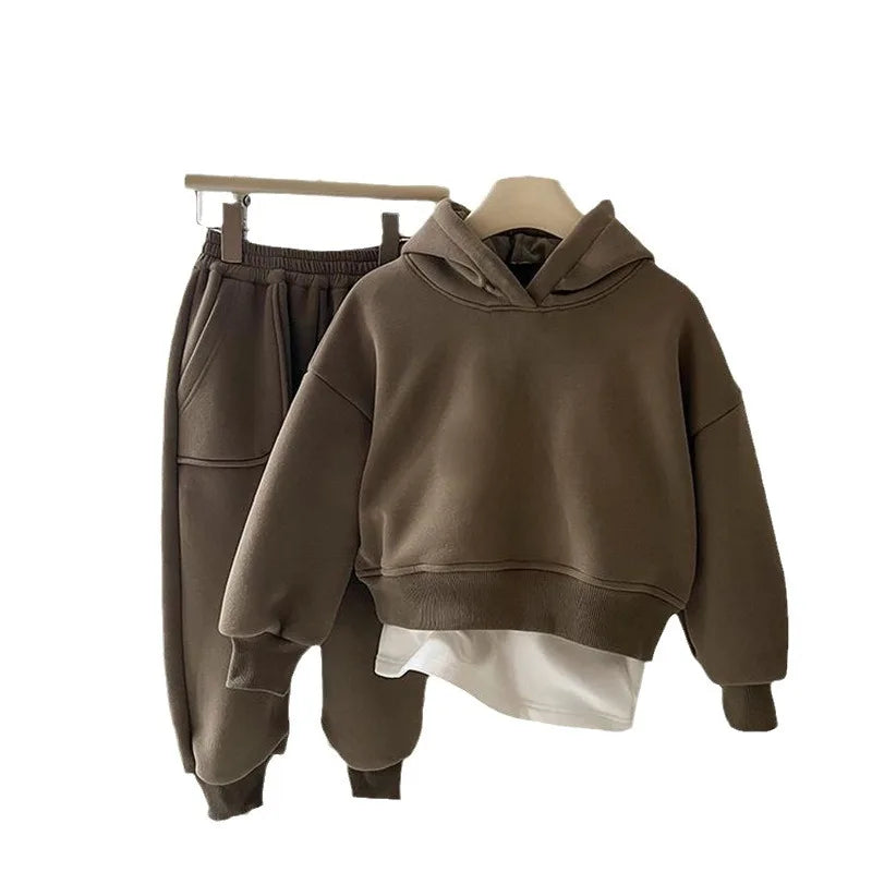 2025 Winter New Children Plus Velvet Thick Clothes Set Boys Girls Fleece Hooded Sweatshirt + Sweat Pants Suit Kids Warm Outfits