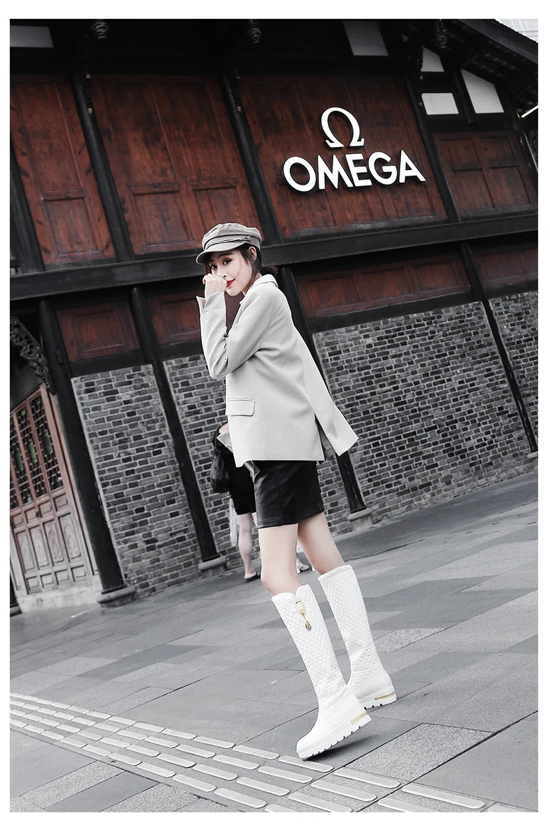 Raised Checkerboard With Metal Square Buckle Warmth Plush Lining Women's Snow Boots Flat Bottoms Elevated Knee Length Boots