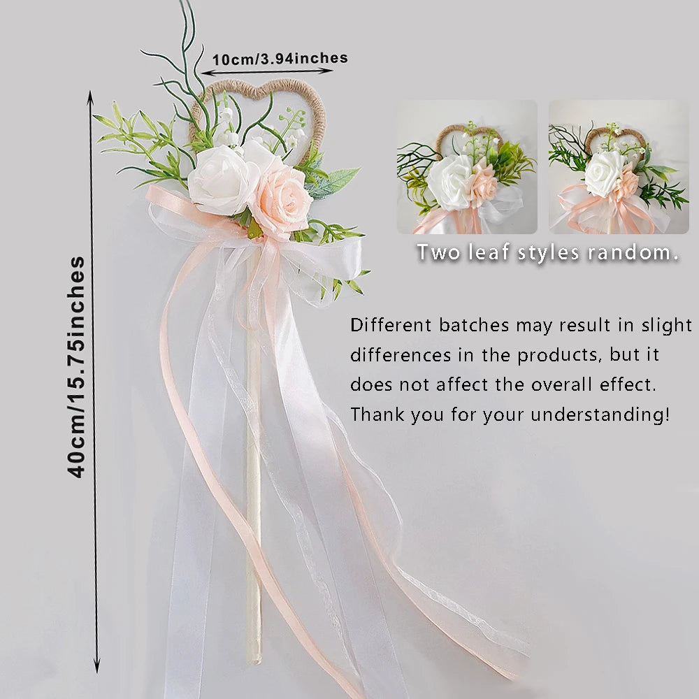 Wedding Flower Girl Wand, Floral Girl Wand Fairy Wand with Ribbon Flower for Wedding, Bridal Shower and Engagement Photo Shoot ﻿