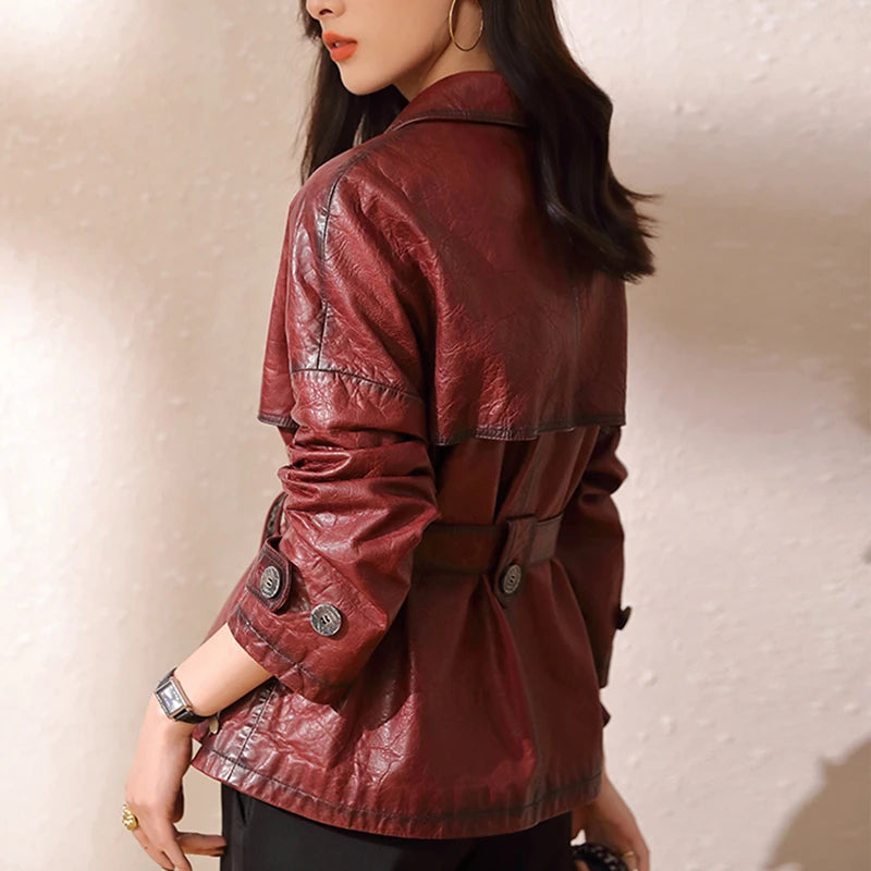 Roupas Femininas Autumn Women's Suit Collar Lace-up Waist Oil Wax Sheepskin Gabardina Mujer Vintage Red Wine Short Trench Coats