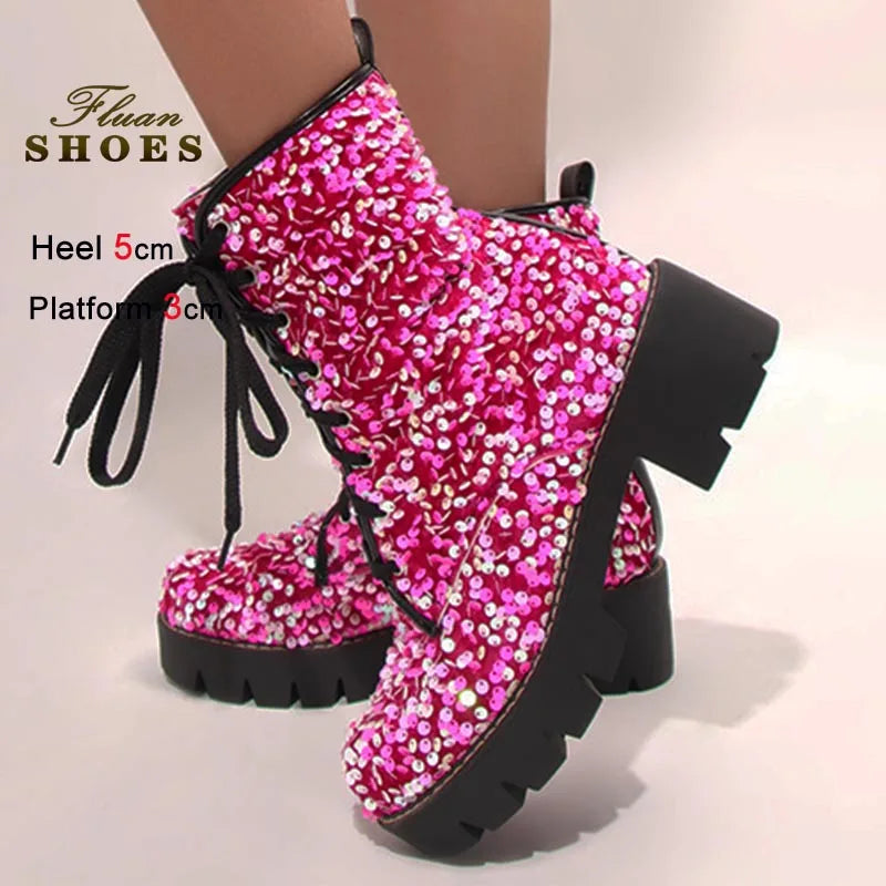 2025 New Fashion Women Shoes Front Lace Up Sequin Short Boots Coarse Heel Stage Show Ankle Boots Ladies Party Casual Short Boots