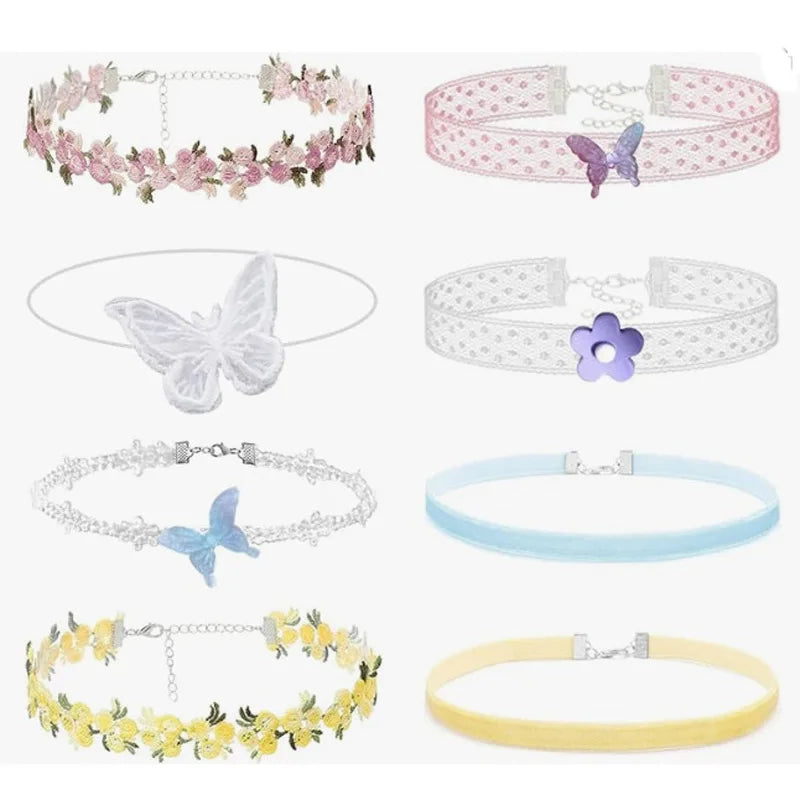 5 Pieces Sweet Pink Lace Choker Necklace Set for Women with Flower Pearl Dangle Clavicle Jewelry Accessories Gift for Girls