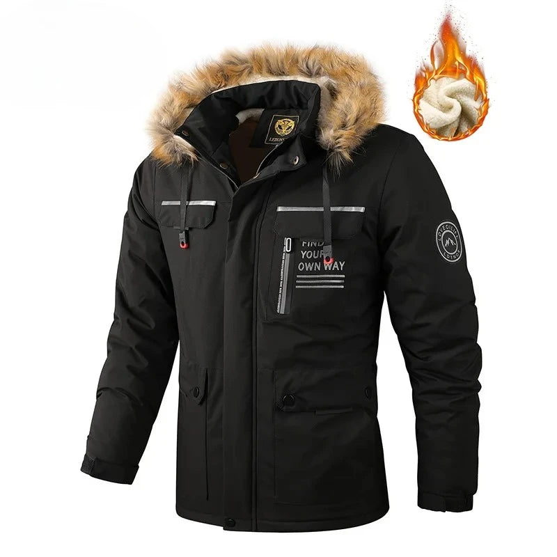 2026Winter Men Outwear Fleece Warm Removable Hooded Hiking Jacket Men Outdoor Windproof Casual Fashion Jacket Coat Male Clothing