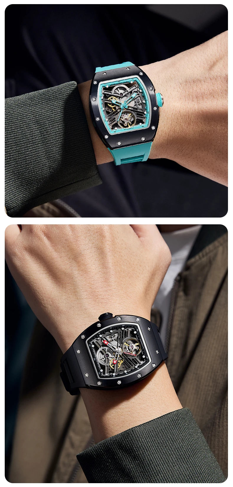 Automatic mechanical watch outdoors simple luxury watches waterproof wholesale skeleton leather mens watch gift