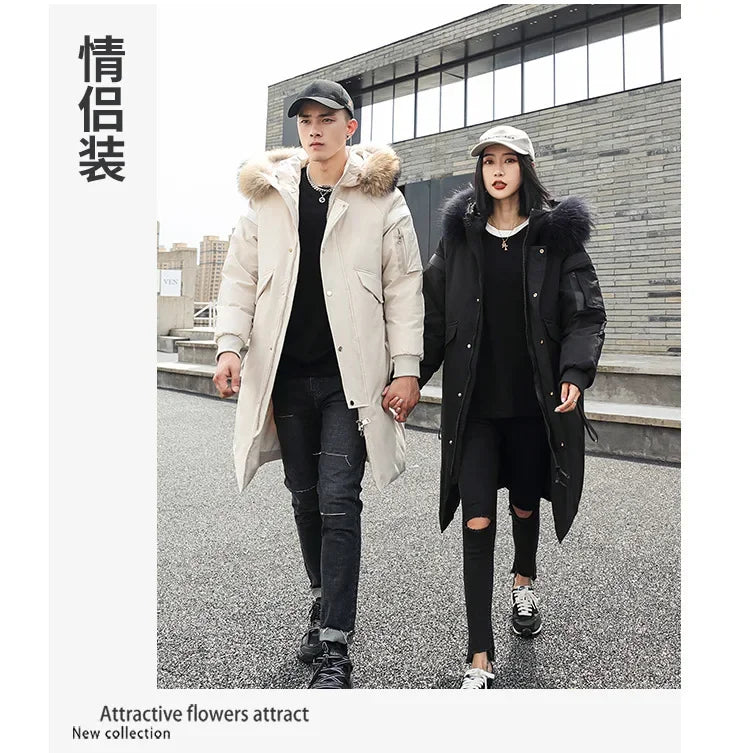 New Winter Down Jacket Men's Couple Fashion Big Fur Collar Medium and Long Youth Pie To Overcome Warmth and Thickening Tide