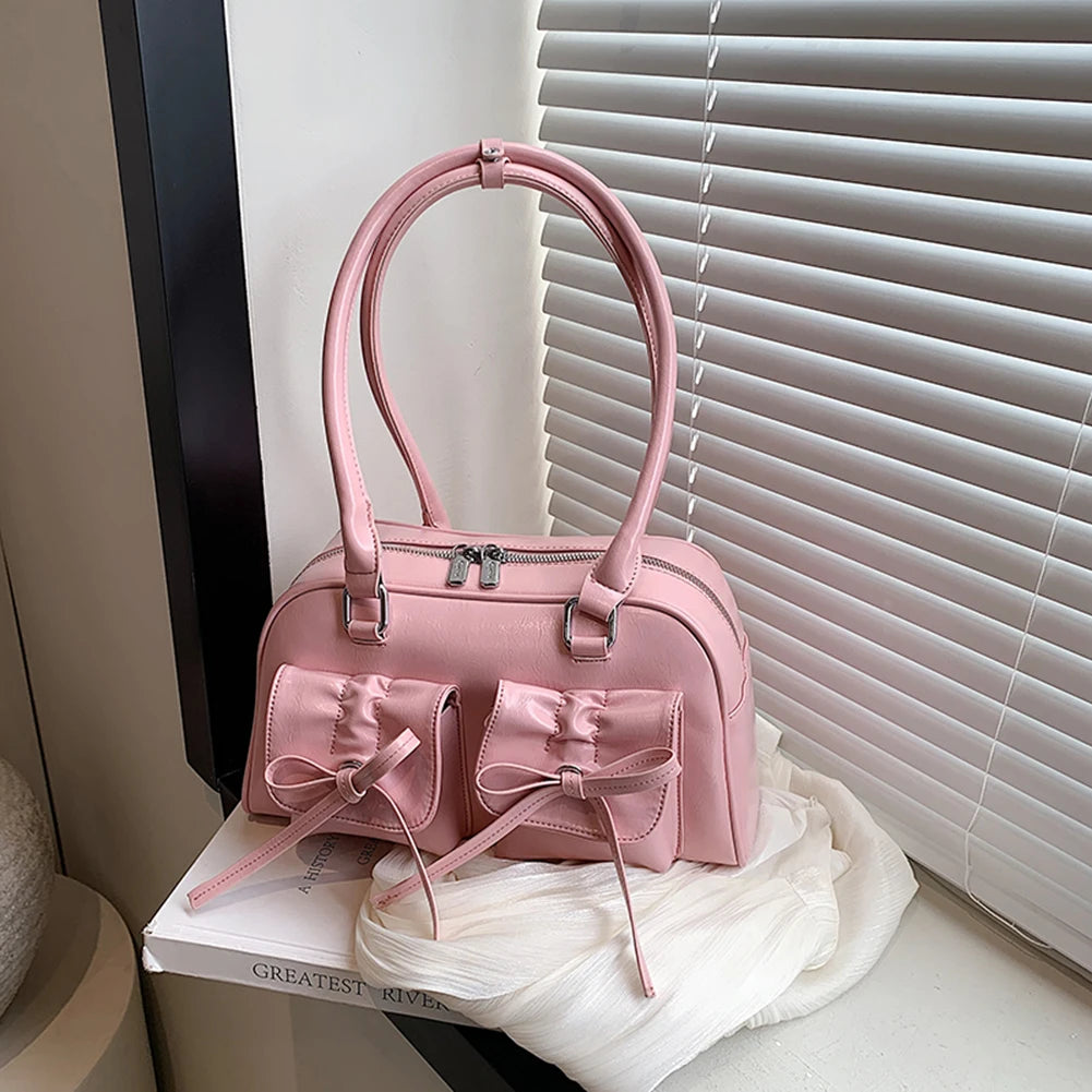 Women Trendy Handbags Double Pockets PU Leather Fashion Shoulder Bag with Bow Stylish Underarm Bag Solid Color for Outdoor Party
