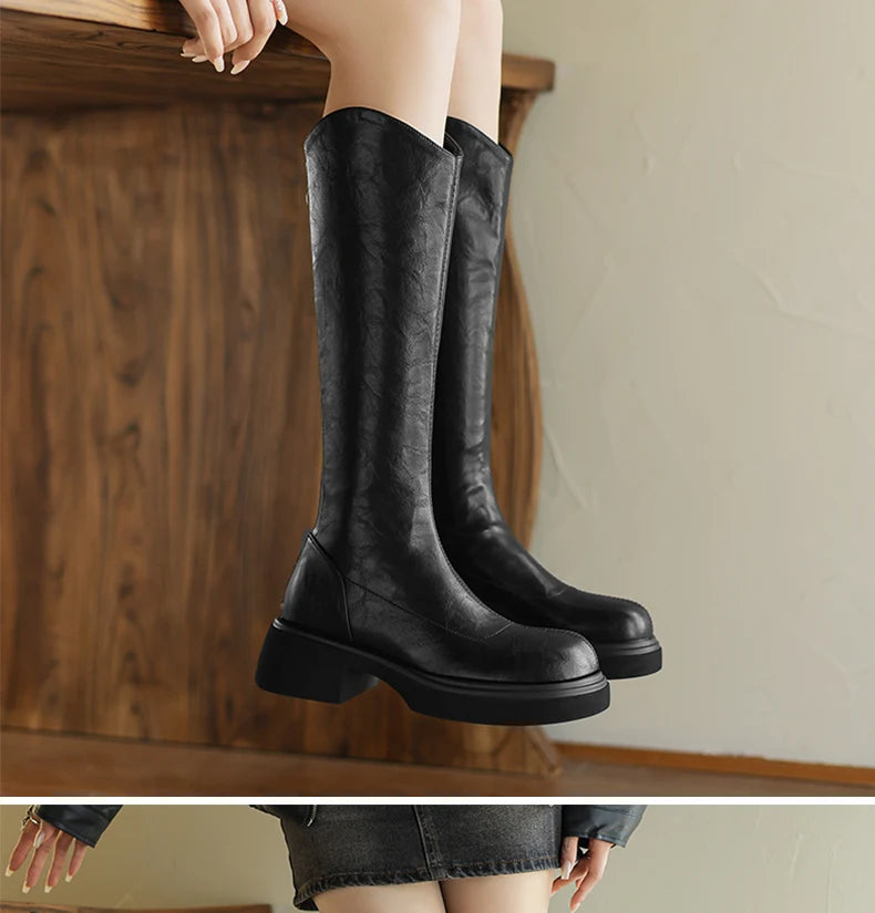 Ods  Footwear Elegant Heeled Shoes for Women Brown Ladies Boots Platform Winter Knee High Shaft Heels Long Boot Lady 40 41 42 43