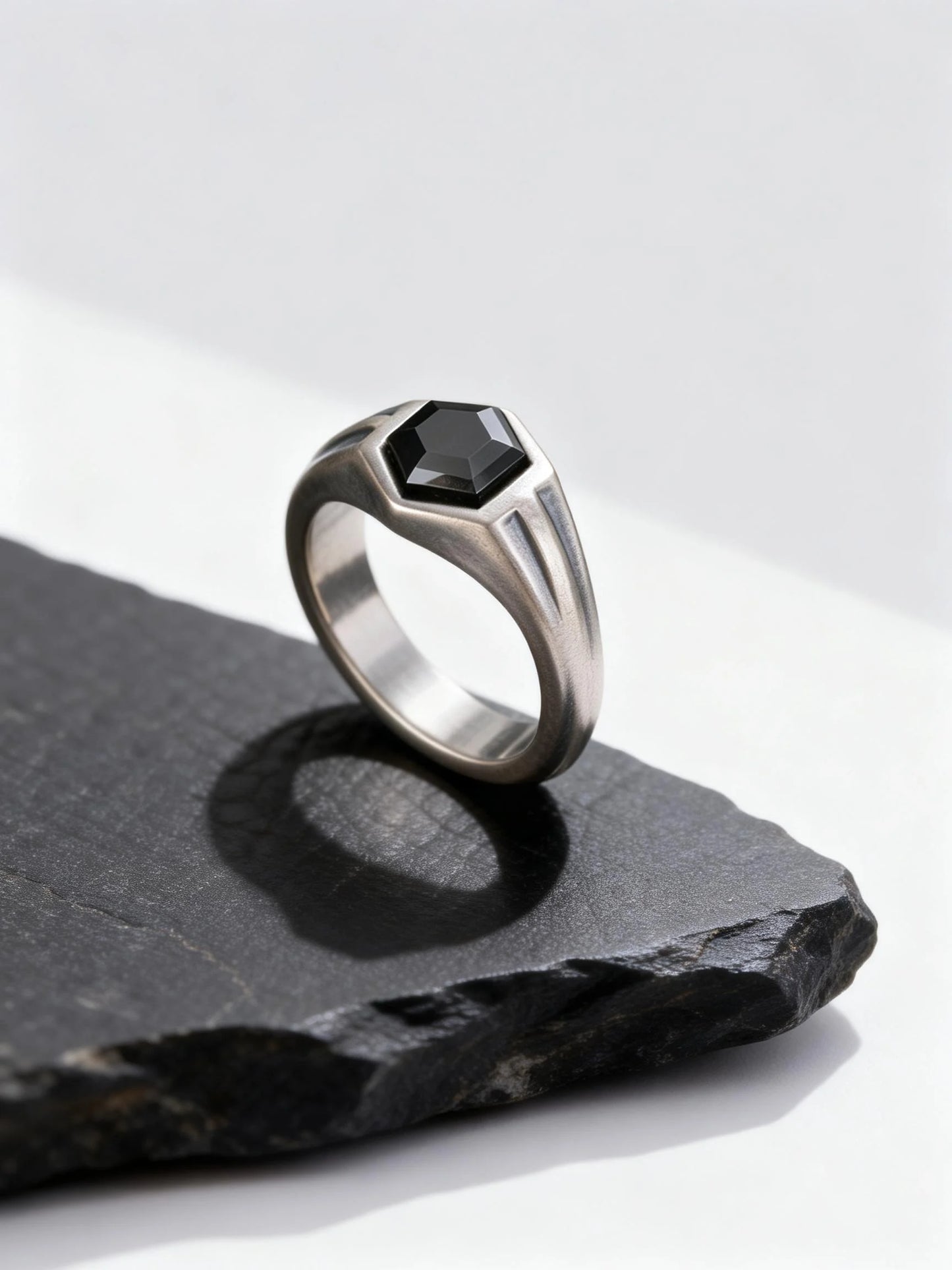 Hexagon Black Zircon Ring for Men, Stainless Steel Antique Silver Color Geometric Band,Punk Statement Jewelry Gift